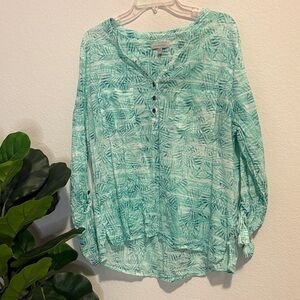 Aqua Tropical Palm Print 100% cotton relaxed fit Blouse XL